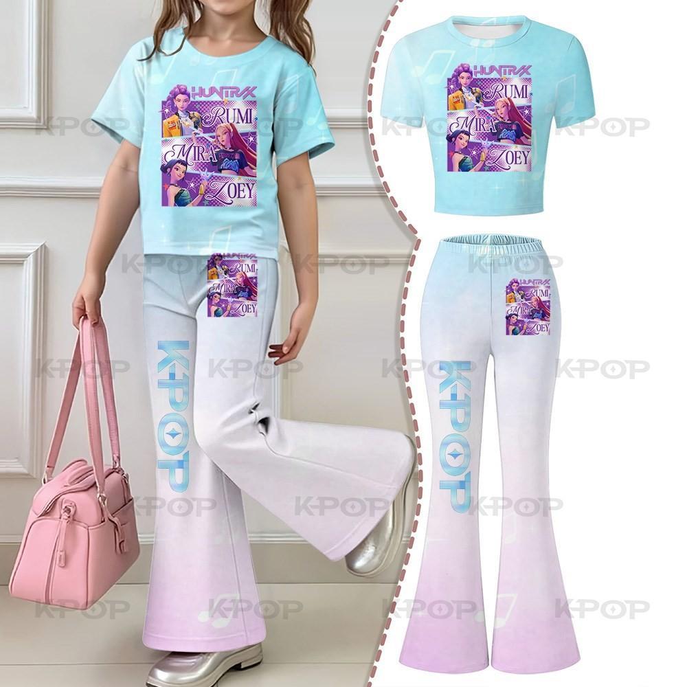 2026 Children's Kpop Hunter Short Sleeve Set Girls' New Style, Regular Short Sleeve Top and Bell Bottom Pants Two Piece Set