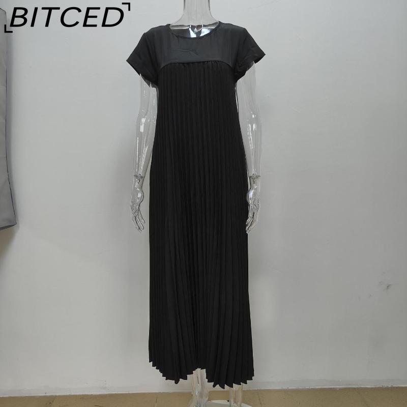 BITCED Herbst Damen Elegantes Mode O-Ausschnitt Ärmelloses Plissee Maxikleid
