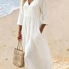New solid color cotton and linen V-neck seven-quarter sleeve dress women's vacation long dress temperament socialite style