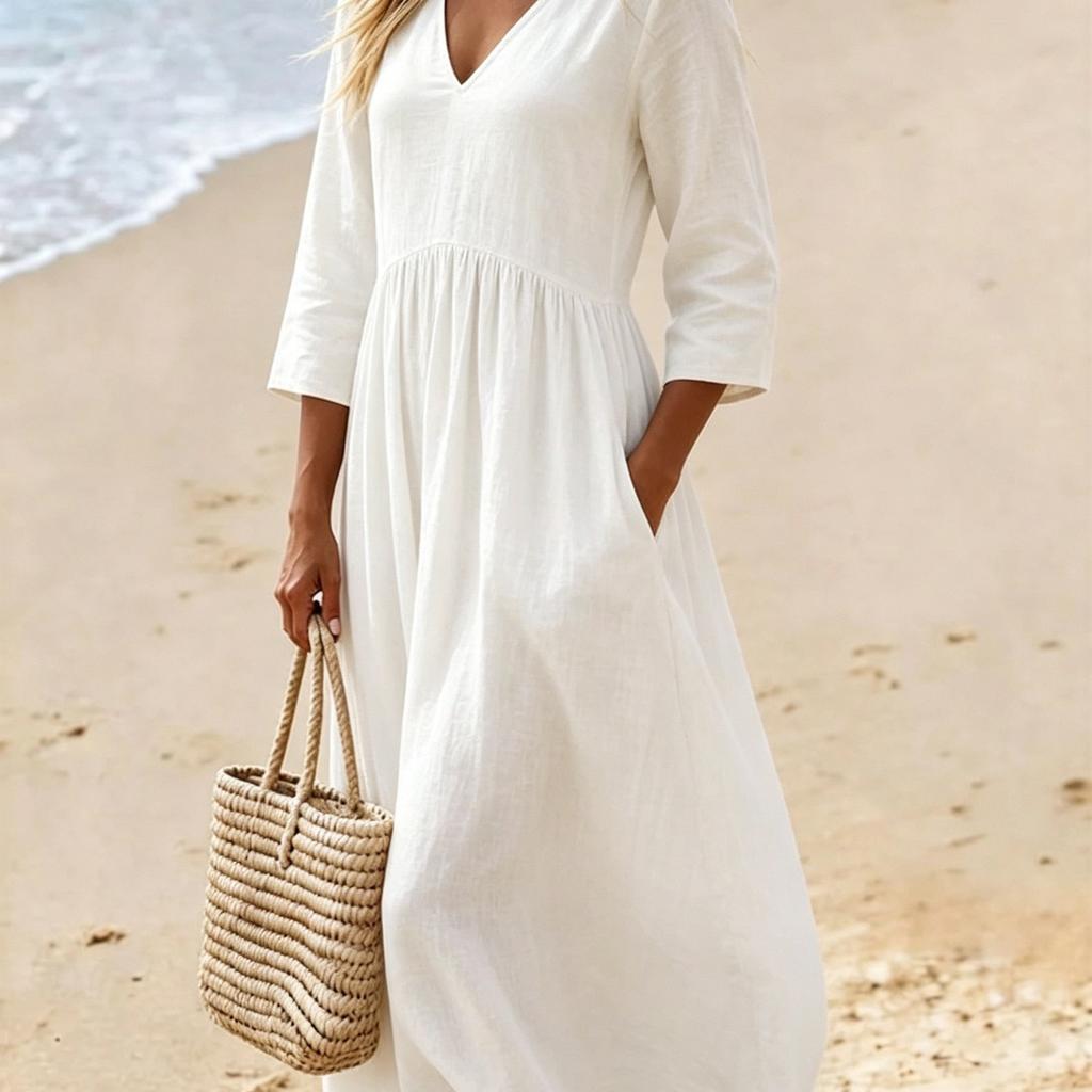 New solid color cotton and linen V-neck seven-quarter sleeve dress women's vacation long dress temperament socialite style