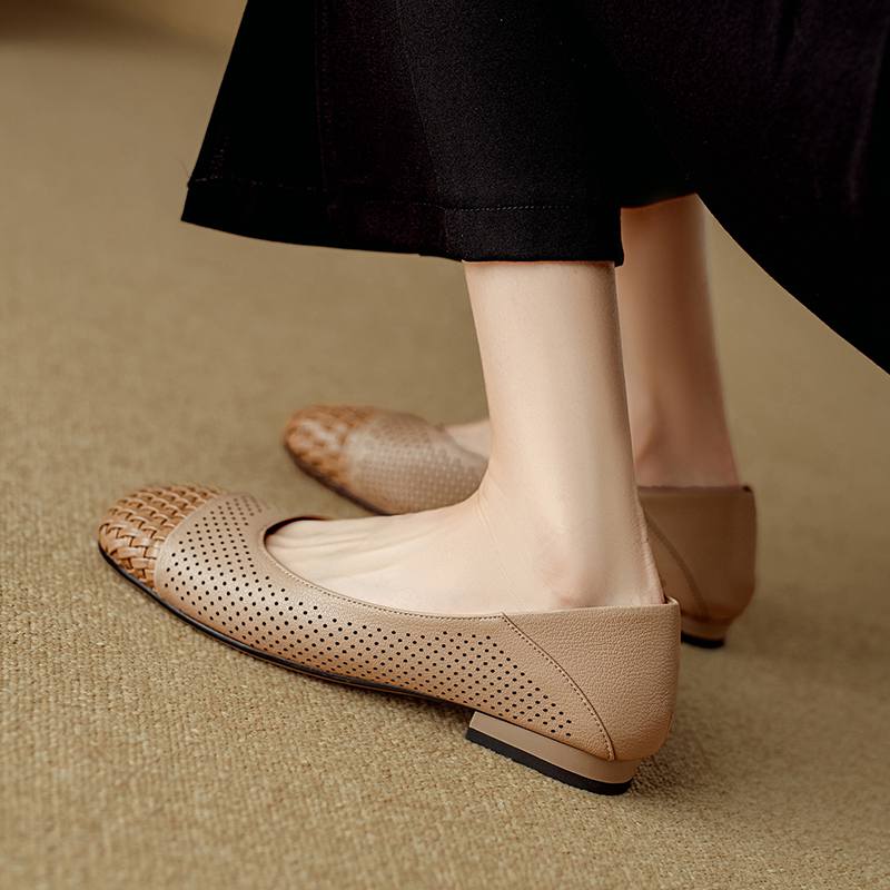 Krazing Pot Cow Skin Weaving Summer Size 41 Low Heels Party Shoes Women Square Toe Gladiator Mixed Color Hollow Out Pumps