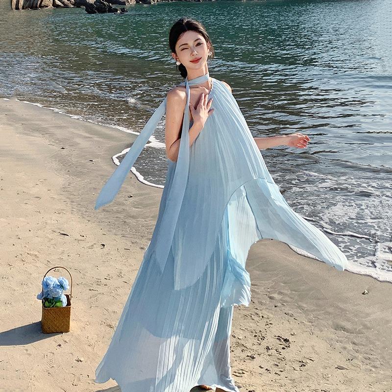 Travel Wear Seaside Vacation Beach Suit Skirt French Temperament Blue Chiffon Slanted Shoulder Top Two-piece Set