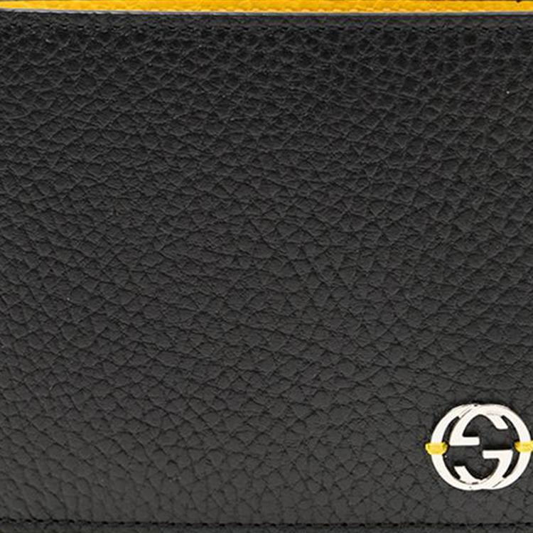 Gucci Interlocking G Bi-Fold Wallet Black Pebbled Leather Yellow Interior Silver Hardware Card Holder for Men Daily Use Business 610464-CAO2N-1041