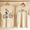 Couple Front Back Printed T Shirt Minimalist Cool Bicycle Word Front Unisex Riding Bike Holding Drink Line Art Casual Cycling Tees