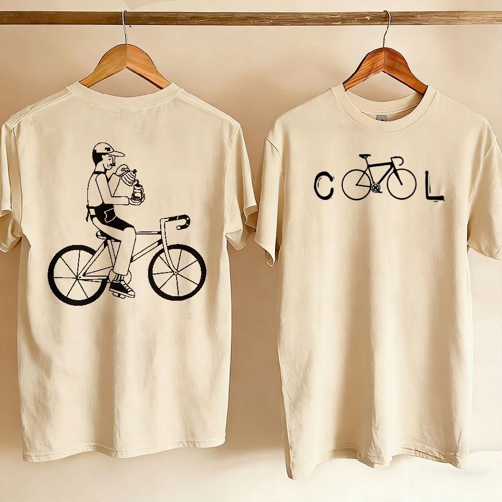 Couple Front Back Printed T Shirt Minimalist Cool Bicycle Word Front Unisex Riding Bike Holding Drink Line Art Casual Cycling Tees