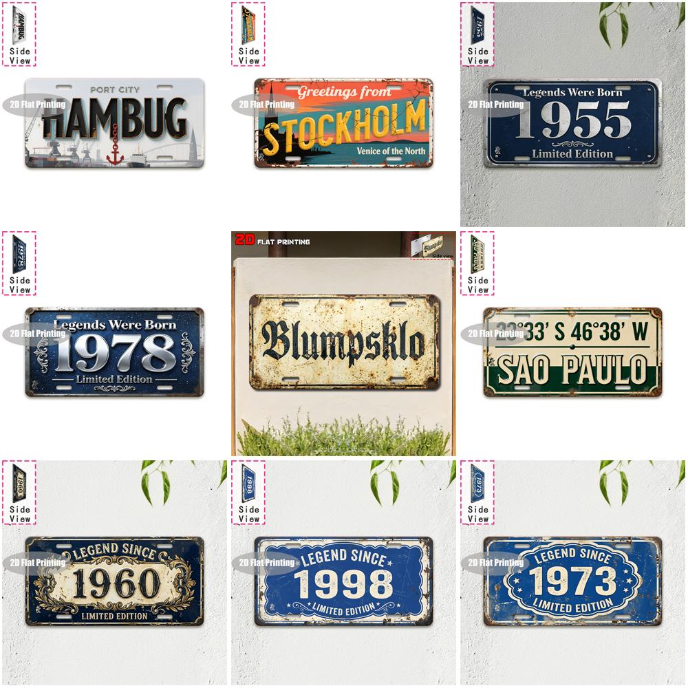 Vintage City Coordinate Year Text Metal License Plate Sign Retro D Flat Printed Tin Plaque Wall Art Decor for Bar Home