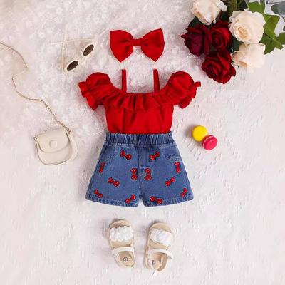 Baby Girls Suit Solid Color Suspender Lantern Sleeve Lotus Leaf Tops + Embroidered Denim Shorts for Infants Summer Clothes