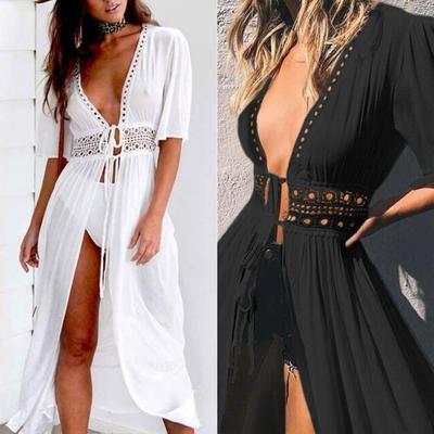 Abbigliamento da spiaggia cardigan con allacciatura copricostume da bikini lungo con grembiule cavo in tinta unita da donna