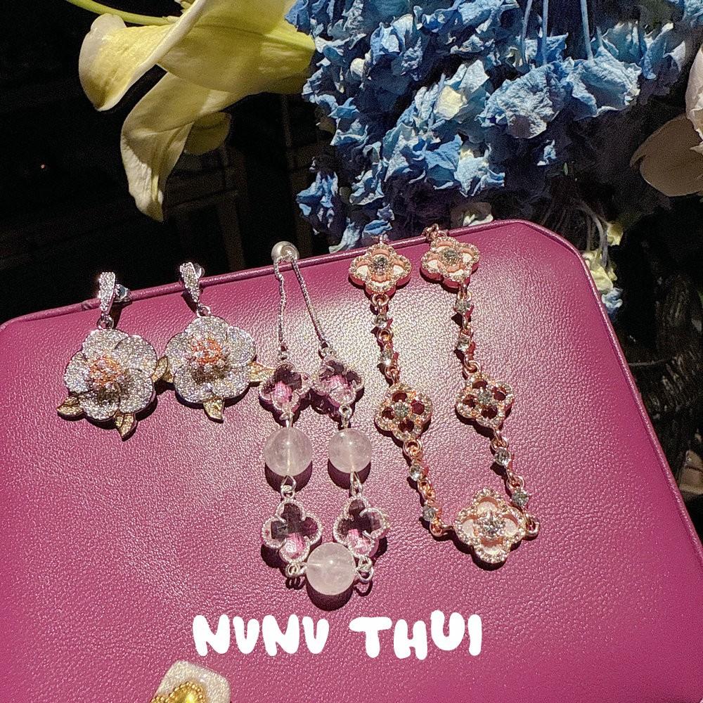 Jewelry, Italian Retro Camellia Gemstone Earrings, Light Luxury And High-End, Floral Fritillary Zircon Bracelet, Set.