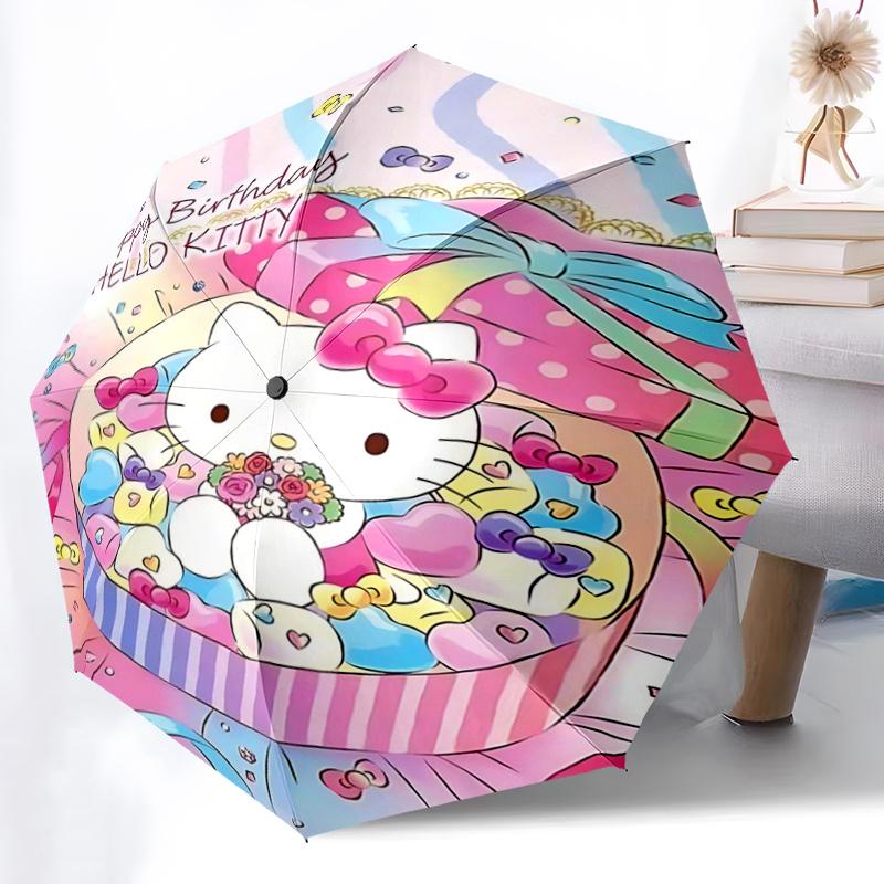 1pc Hello Kitty Birthday Gift Basket with Flowers - Automatic Opening Umbrella, Portable Folding Design, 8-Rib Iron Frame Outdoor Umbrella, Festival G