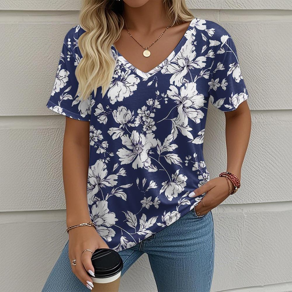 Women's Summer T-shirt Plant Flower Print Retro Fashion Casual Short-sleeved Street V-neck Women's Clothing