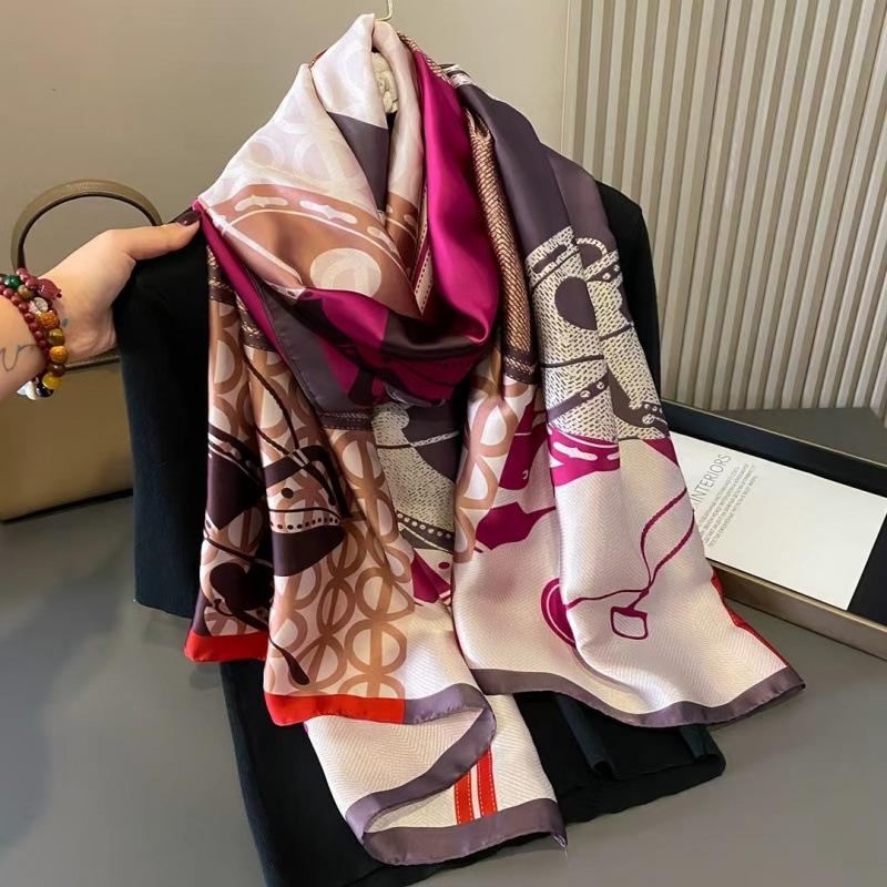 Spring and Summer Thin Silk Scarf High-end Printed Long Scarf New Satin Travel Sunscreen Scarf National Style Cloak