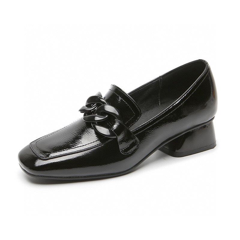 Single shoes women's spring new flat bottom black square head first layer cowhide patent leather square buckle low top women's shoes