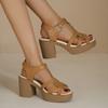 Damen Sommer Neue Einfarbige Riemen-High-Heel-Sandalen mit Blockabsatz und Rundem Zehen