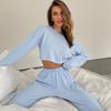 Women Comfortable Breathable Knitted Cropped Long Sleeve Long Pants Two Piece Sleepwear Loungewear