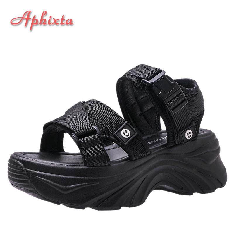Fashion Aphixta 2025 Buckle Height Increaming Canvas 6.5cm Wedge Heel Platfom Sandals Women Shoes Black Thick Bottom Slides