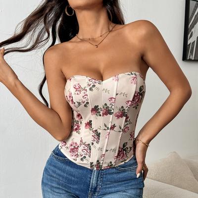 Canotta piccola da donna sexy, con scollo a V, senza schienale, con motivo floreale, a spina di pesce e con laccetti in vita