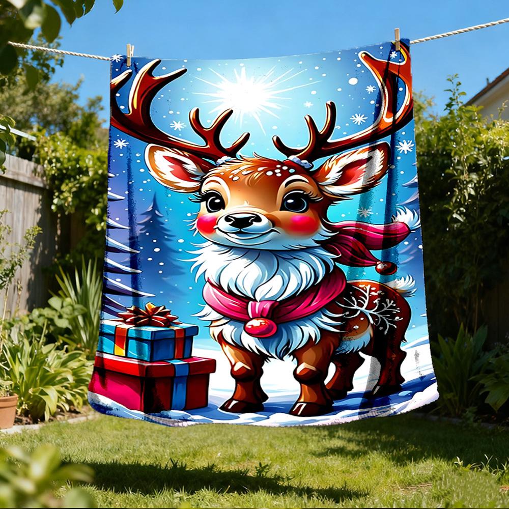 1pc Reindeer Gifts Throw Blanket Polyester Fiber, Lightweight Flannel, Soft & Warm, All Season Use for Outdoor, Camping Digital Print