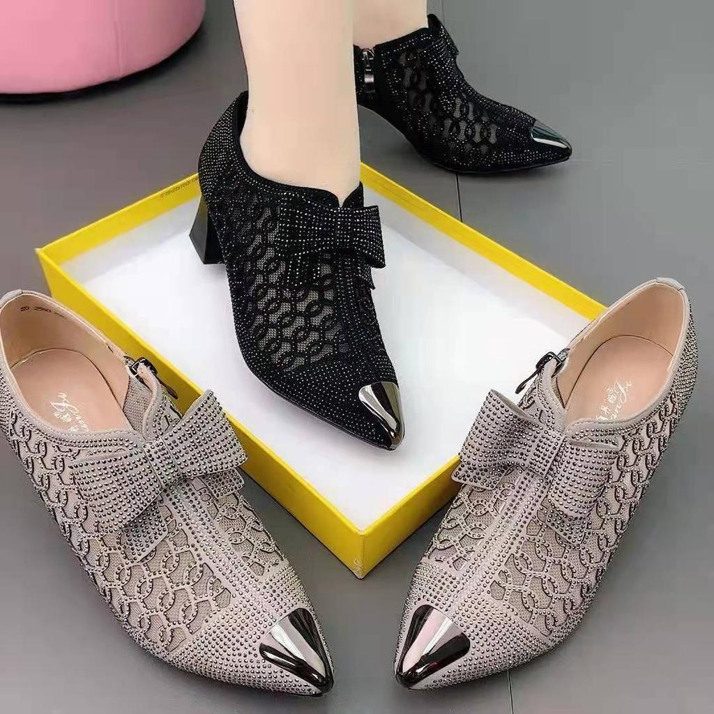 Fashion 2025 New Large 43 Rhinoceros Diamond High Heels Pumps Pointed Black Bow Fashion Network Hollow Women's Fashion Dress Shoes