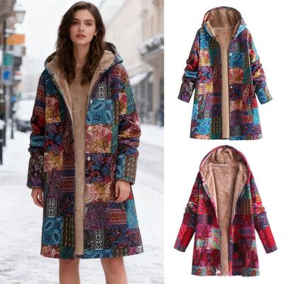 Vintage Ethnic Style Sherpa Lined Coat for Women Long Sleeve Floral Print Fleece Jacket Fall Winter Zip Up Hooded Outerwear