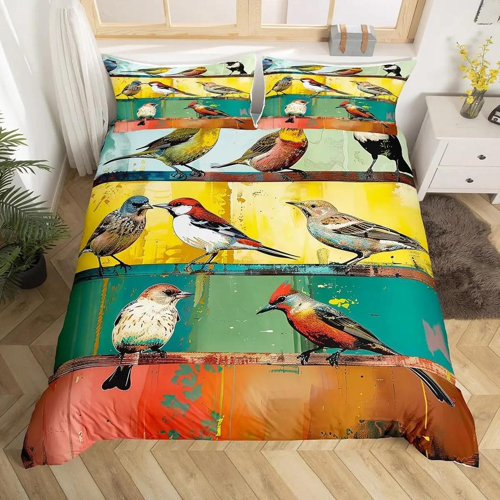 Ložní souprava Red Cardinals King Queen Size Akvarelové šišky Přikrývka Roztomilí ptáčci Povlak na přikrývku Romantická láska Povlak na prošívanou deku