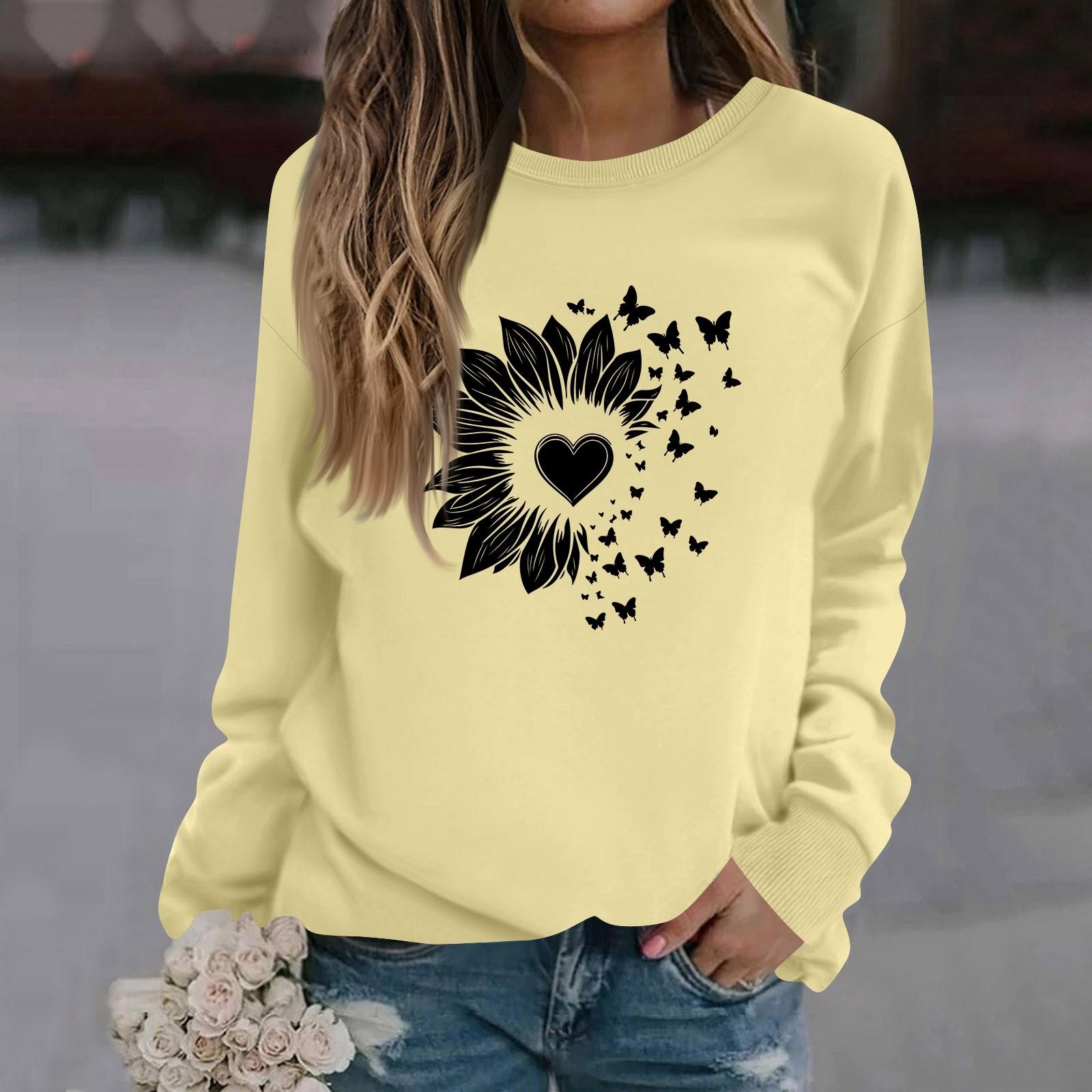 

Жіноча мода повсякденний довгий рукав суцільний колір друкований круглий виріз Топ L бежевий