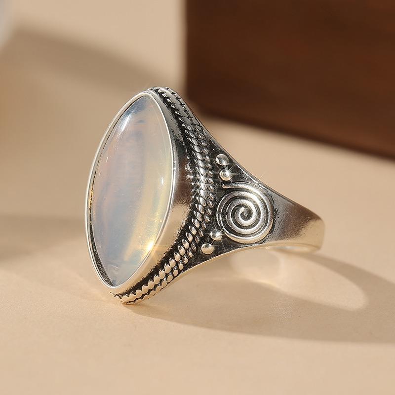 Anello da Donna Vintage Color Rame Intarsiato con Pietra di Luna Geometria Incisa Gioielli per Uso Quotidiano e Feste