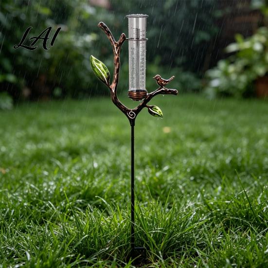 Rust Proof Rainfall Indicator Rain Gauge Outdoor Metal with Stake 7 Inch Tube Weather Resistant Plastic Measuring Gauge Decorative Branch