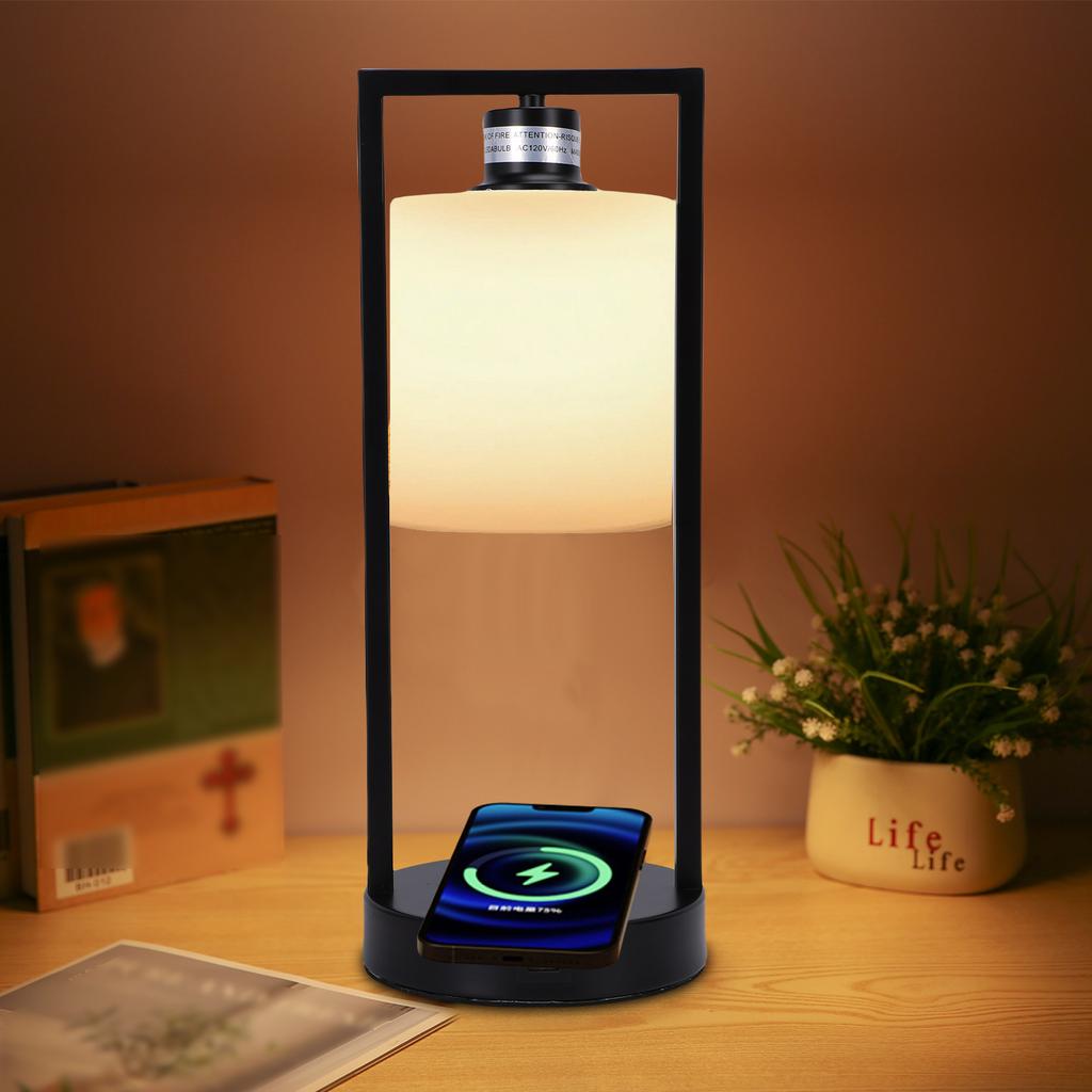 Bedside Light Touch Control Table Lamp with Smartphone Wireless Charging 3 Adjustable Brightness Levels USB Port Fabric
