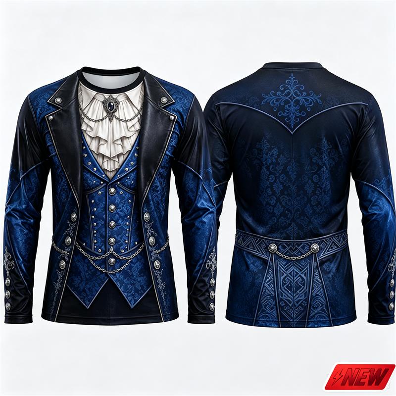 Gothic Vampire Costume Long Sleeve T‑Shirt Men 3D Print Fake Jacket Shirt Graphic Novelty Tee Halloween Cosplay Party Top