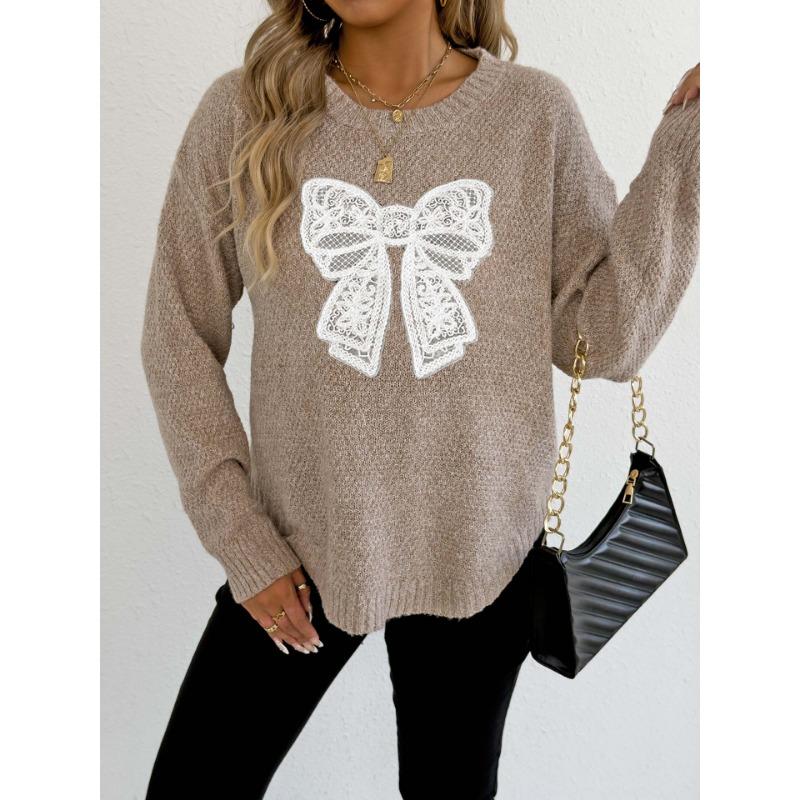 Women S Round Neck Long Sleeve Pullover Sweater Featuring Embroidered Lace Butterfly Splicing