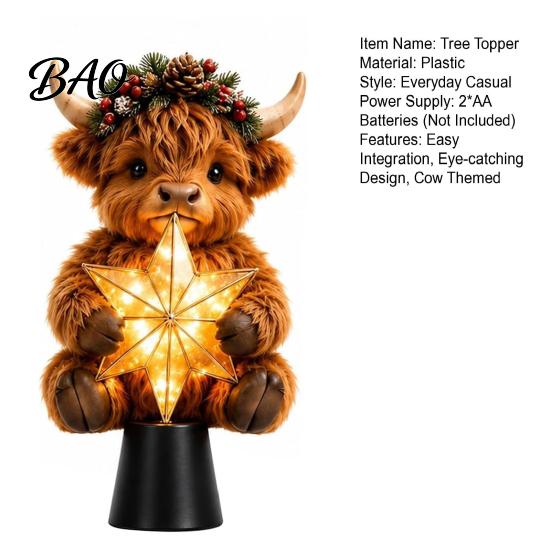 Puntale Stella per Albero di Natale Mucca delle Highlands Puntale Luminoso, Decorazione Illuminata con Ornamenti per Casa Ufficio Festività LED Caldi, Ornamento a Batteria per
