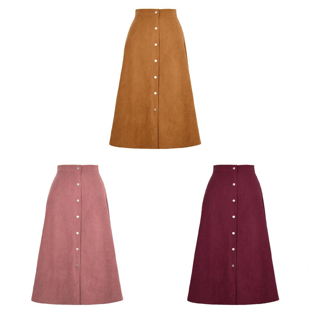 Corduroy High Waist Midi Skirt With Button Closure For Office And Fall Season