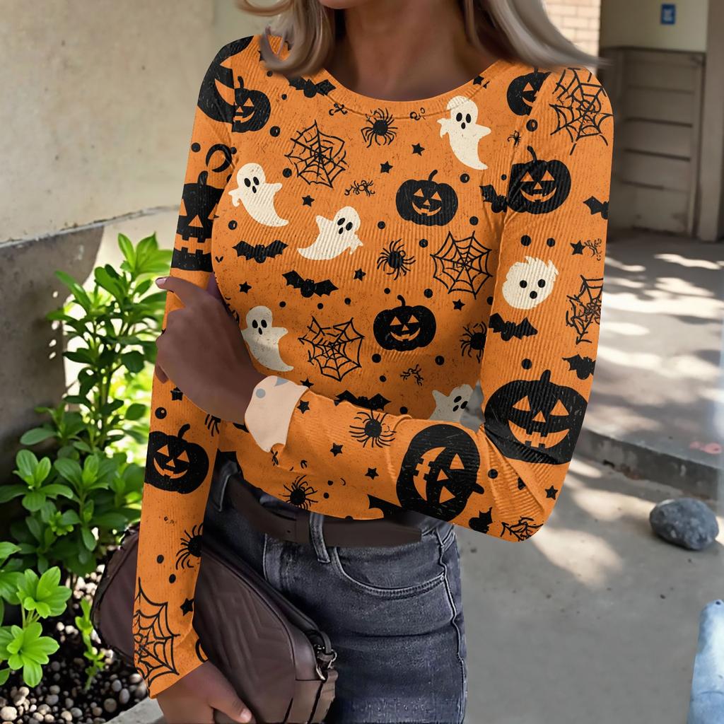 Women's Casual Long Sleeve Ribbed Top Halloween Pumpkin Print Crew Neck Slim Fit Stretchy Lightweight Shirt for Fall