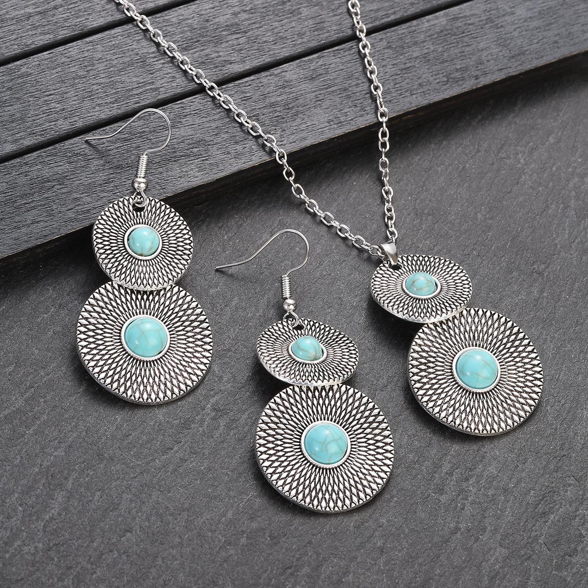 

Бохо Этнические Инкрустированные Бирюзой Круглые Подвески-Капли Набор Циркония Женские Медного Цвета Длинные Подвески-Заявления Ожерелья Бижутерия