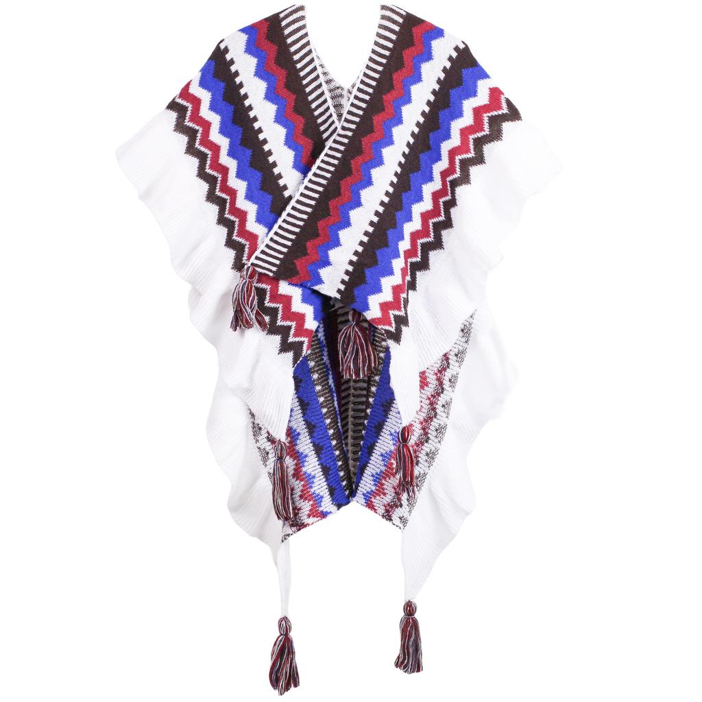 Flowers Embroidered Rainbow Knitted Shawl Spliced Ruffles Sweater Coat Irregular Gauze Ruched Scarf Cape Cardigan Poncho
