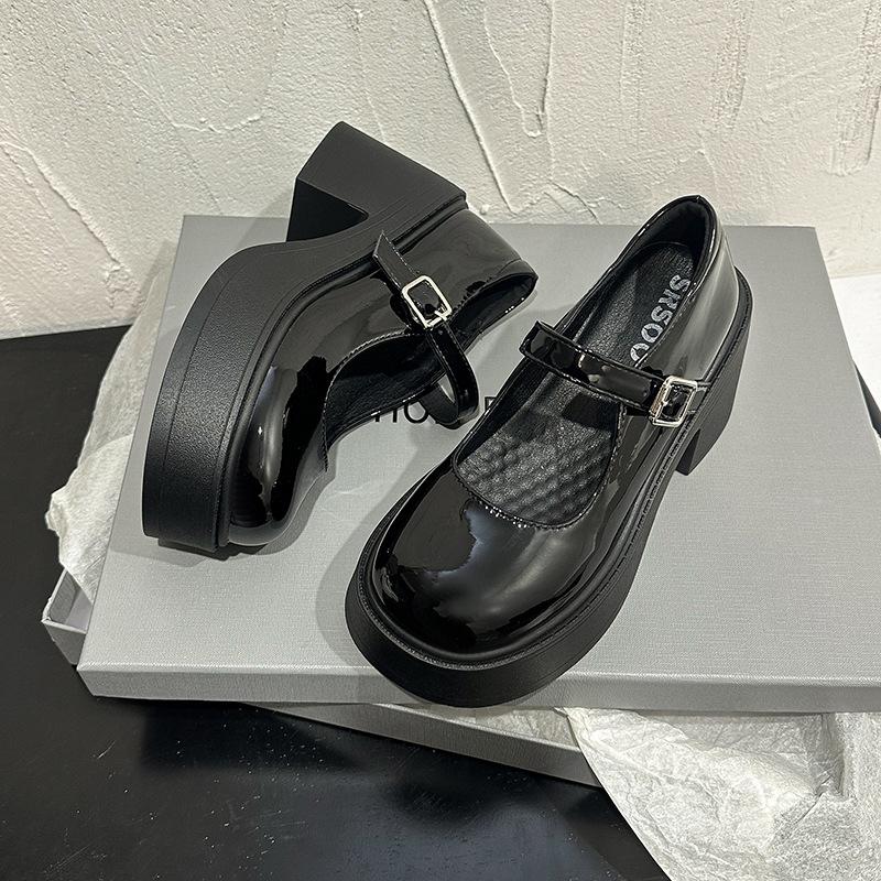 

Small Mary Jane high-heeled women s shoes 2025 spring and summer new white single shoes thick heel thick sole with skirt small leather shoes 40 чёрный