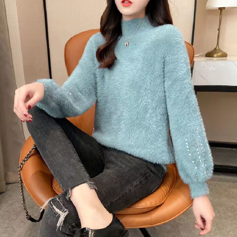 Half Turtleneck Mohair Sweater Women's Autumn and Winter Long-sleeved All-match Slim Pullover Knitted Top