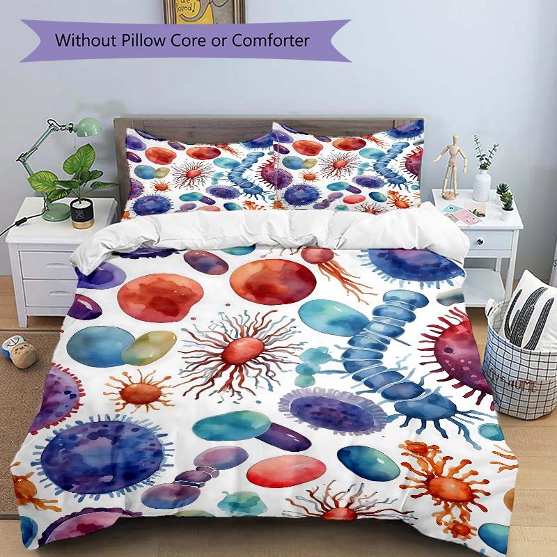 

3pcs Colorful Watercolor Microorganisms Bedding Set, Includes Quilt Cover and Pillowcases, Suitable for All Seasons 135x200cm