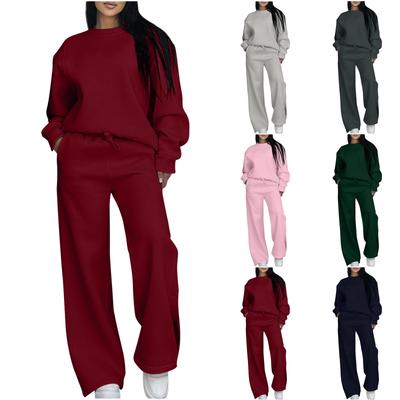 Women's Fashion Casual ,Color Long,Sleeve Neck Top And Pants Two,Piece Set