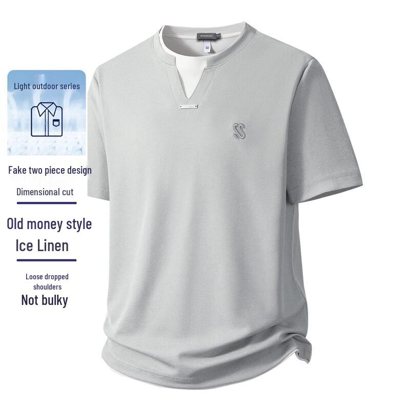 SHANSHAN Men s New Chinese Style V-Neck Faux Two-Piece T-Shirt M
