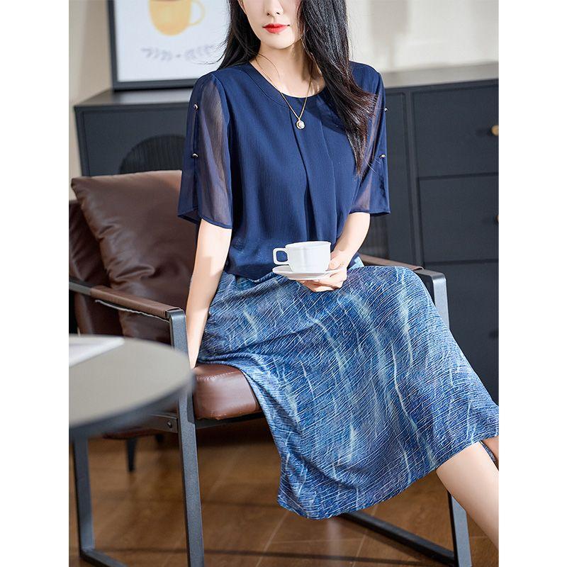 

Dioufu Summer New Blue Elegant Fashion Georgette High Sense Patchwork Fake Two Pieces Short sleeve Dress Women Dark blue 3XL