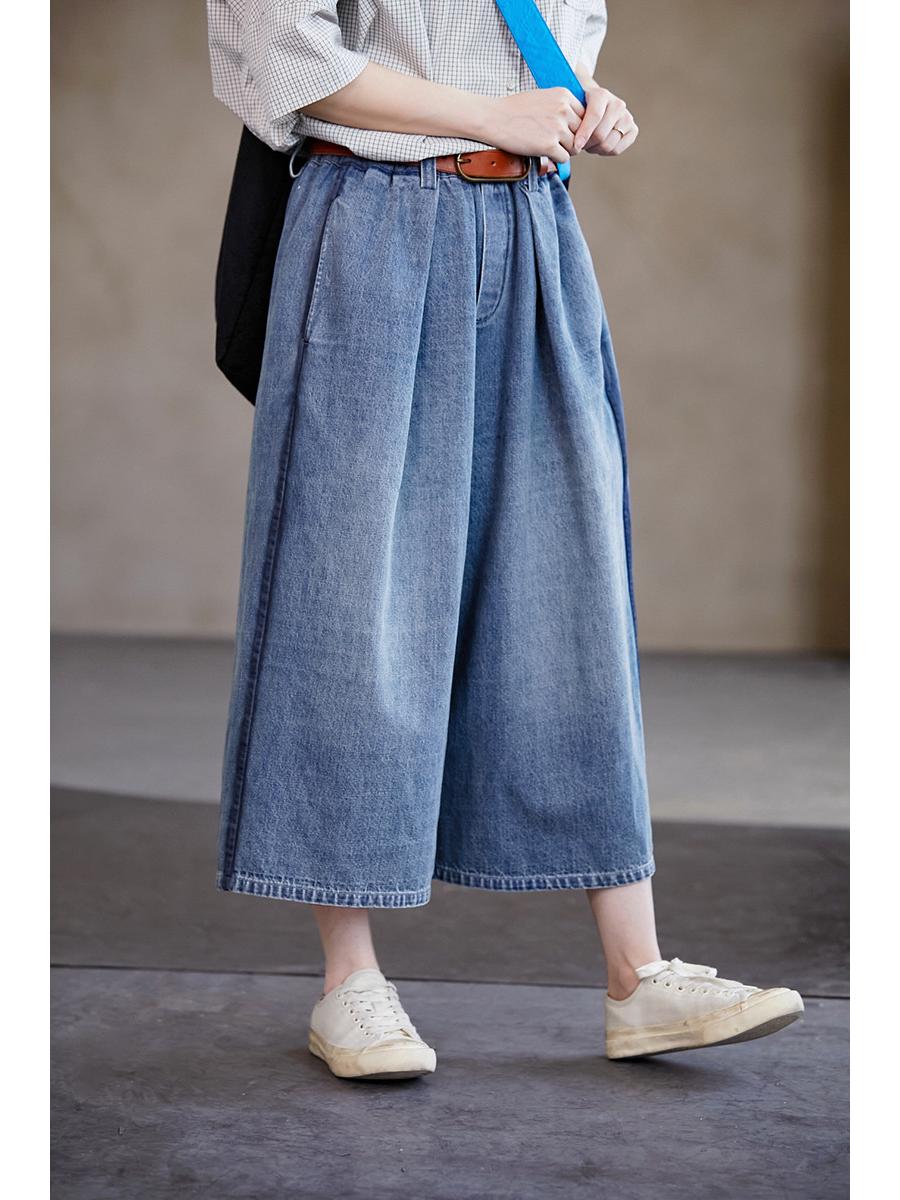 

Light Cyan Linen-Cotton Elastic Waist Wide Leg A-line Pants Large темно-голубой