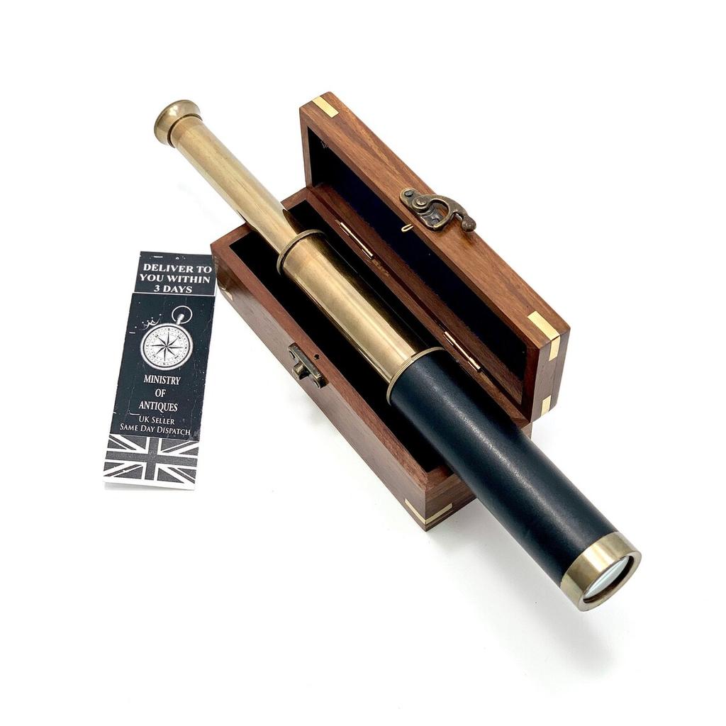 Antique Design Telescope Handheld, Wooden Box Optic Nautical Pirate Scope Spyglass, Leather Covered Telescope with Anchor Engraved Box