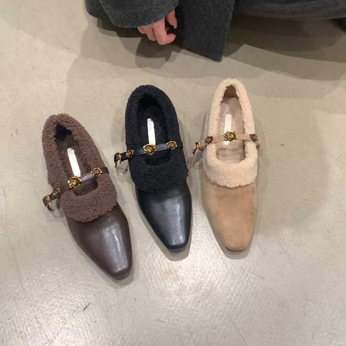 Square head with camellia design inner height increase versatile small temperament retro shallow mouth single shoes 35