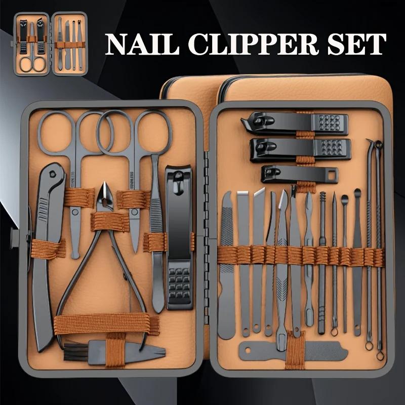 Men's Complete Nail Care Kit Heavy-Duty Black Manicure & Pedicure Set Nail Clippers Set Cuticle Pusher Trimmer Remover