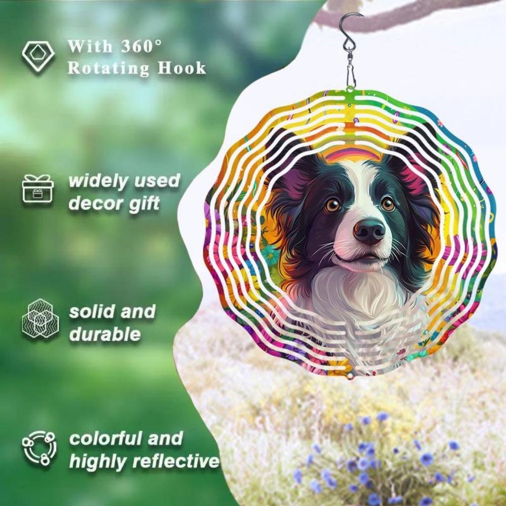 Rainbow Border Collie Dog Wind Spinner - 360° Rotating Metal Garden Art, Vibrant Circular Outdoor Decor for Patio