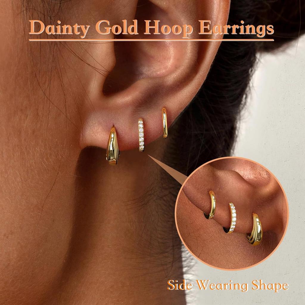 Set di piccoli orecchini a cerchio Huggie in Argento Sterling per Donna, Cerchi Ipoallergenici Placcati Oro 14K per Piercing Multipli