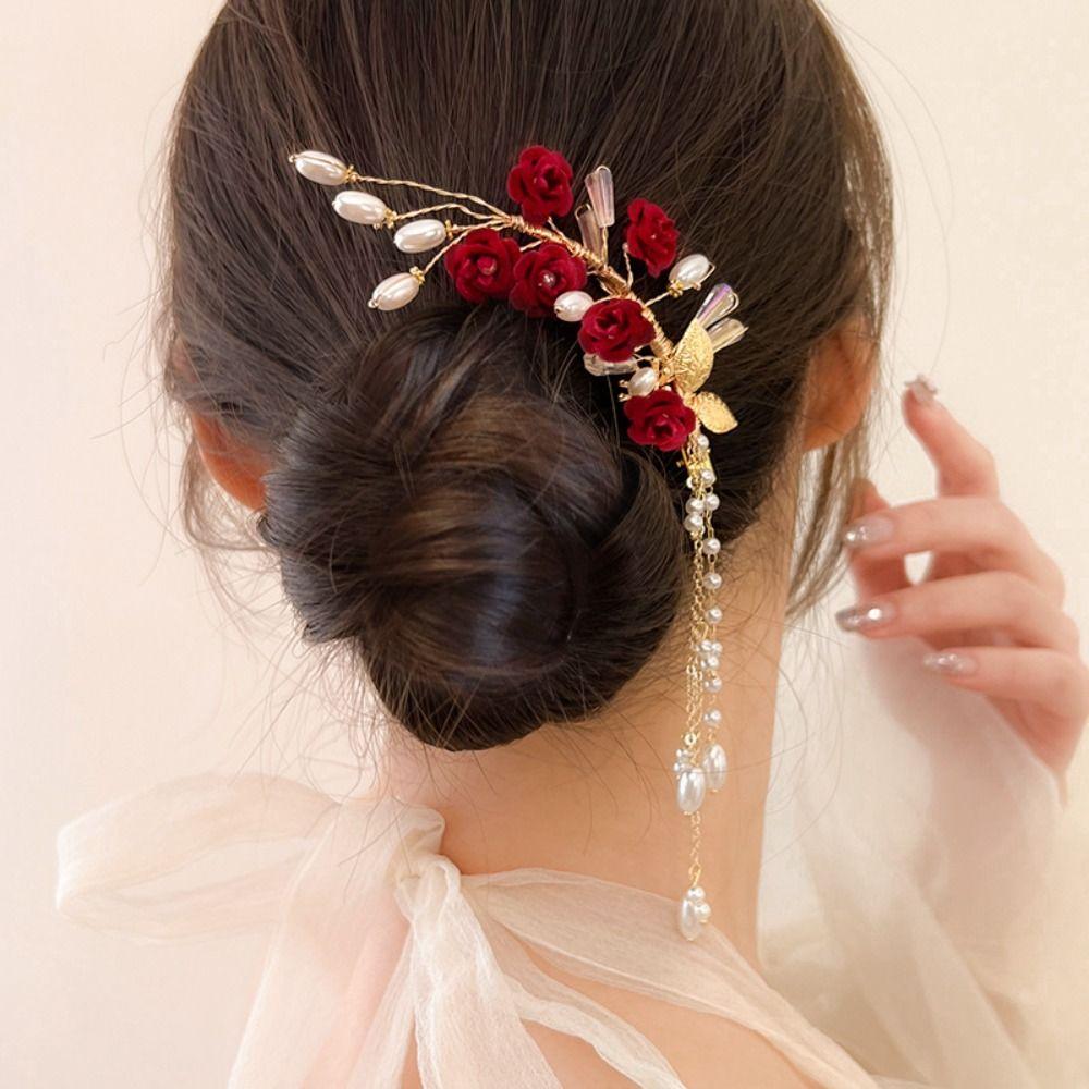 Red Bridal Headwear Pearl Wedding Hair Jewelry Exquisite Bride Tiara  Women