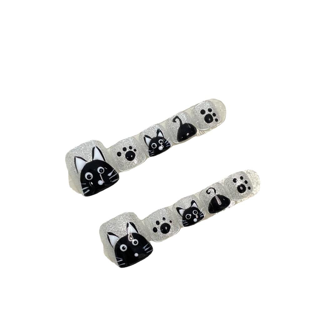 HANDGEMACHTE künstliche Zehennägel, bemalte Totoro-schwarz-weiße Katzenkrallen-Phototherapie-Nägel, wiederverwendbare und abnehmbare Zehennägel